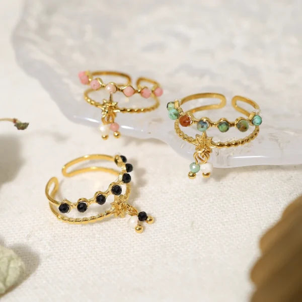 Bague Breloque Pierres Roses et Charme Solaire Blanc