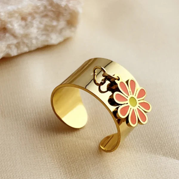 Bague Breloques Fleur Rouge et Dorée