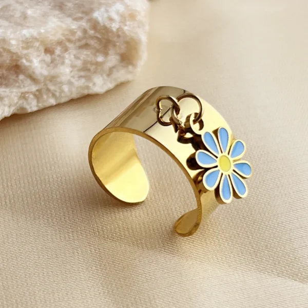 Bague Breloque Fleur Turquoise Dorée
