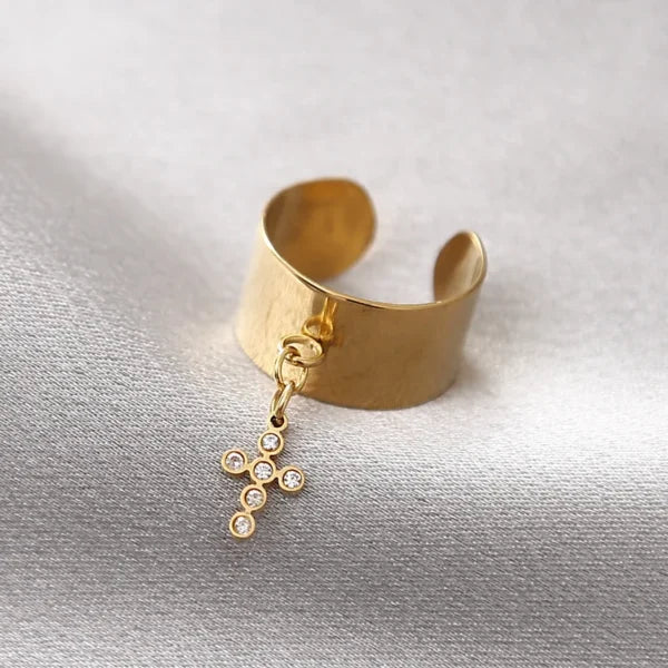 Bague Breloque Croix Dorée