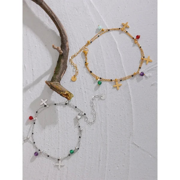 Bracelet à breloques Croix Dorées et Pierres Naturelles