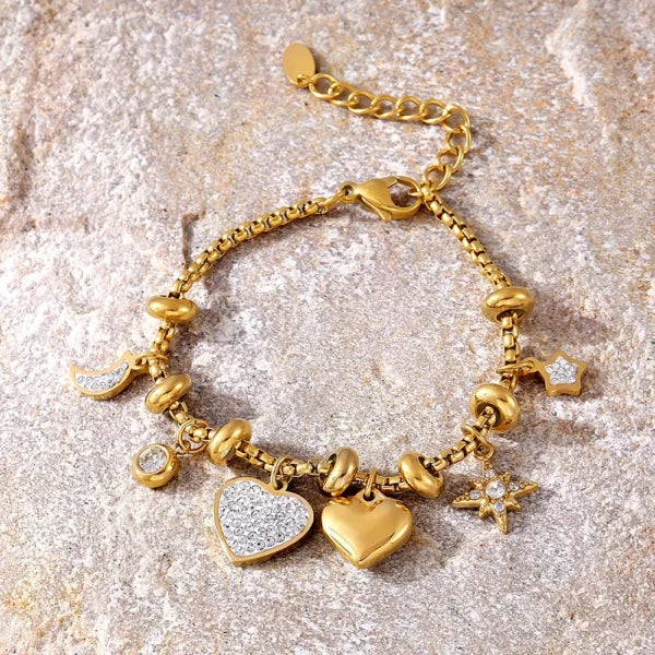 Bracelet à Breloques doré Coeurs Brillants