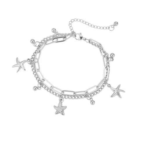 Bracelet Argenté à Multiples Breloques Étoiles de Mer