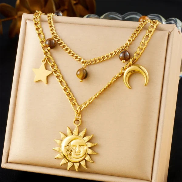 Collier Breloques avec Soleil, Lune et Étoile Doré