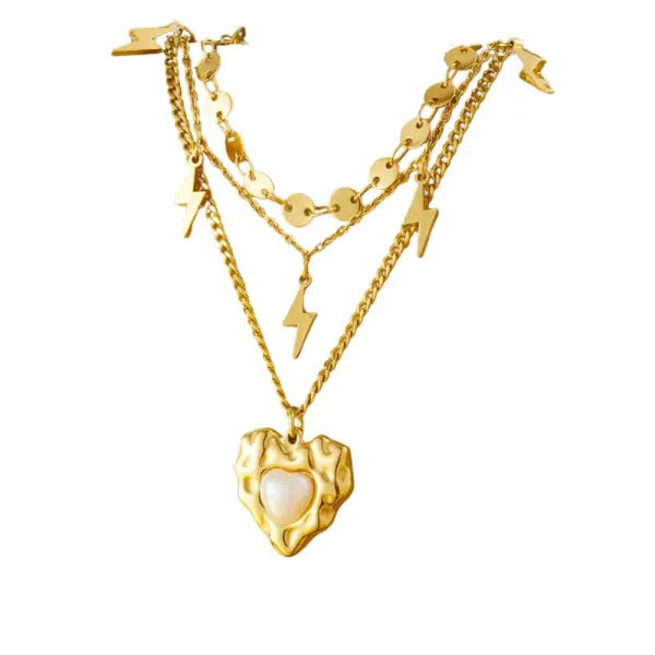 Collier Breloque Doré avec Cœur et Éclairs