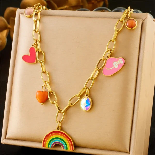 Collier Breloque Doré et Arc-en ciel