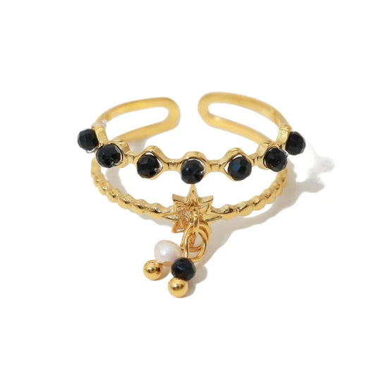 Bague Breloques Étoile Mystique Onyx et Perle