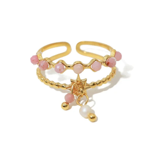 Bague Breloque Pierres Roses et Charme Solaire Blanc