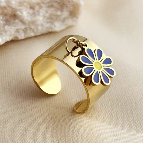 Bague Breloque Dorée avec Fleur Bleue