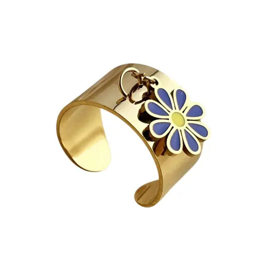 Bague Breloque Dorée avec Fleur Bleue