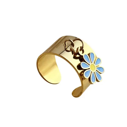 Bague Breloque Fleur Turquoise Dorée