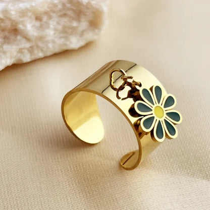 Bague Breloques Fleur Verte et Dorée