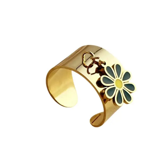 Bague Breloques Fleur Verte et Dorée
