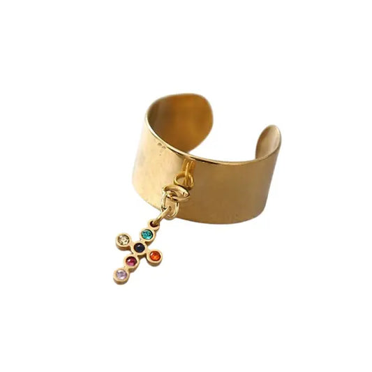 Bague Breloque Dorée avec Croix Multicolore