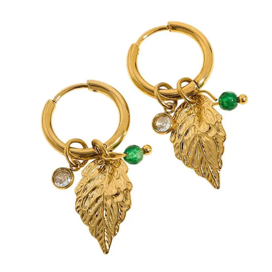Boucles d'oreilles Créoles à breloques Feuille d'Or et Emeraude