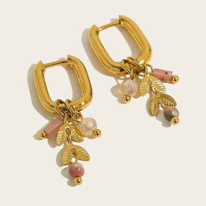 Boucles d’oreilles Créoles à breloques Roses et Feuilles Dorées