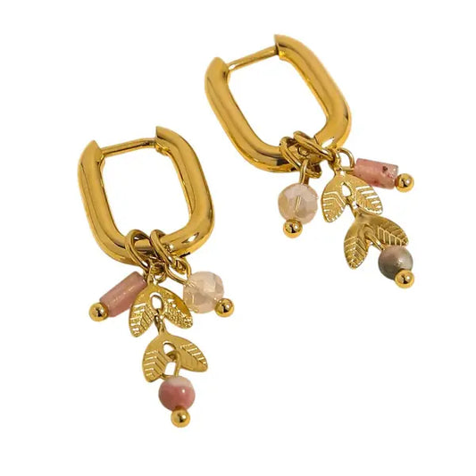 Boucles d’oreilles Créoles à breloques Roses et Feuilles Dorées