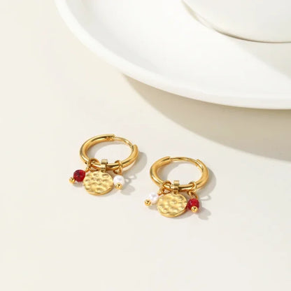 Boucles d'oreilles à breloques créoles dorées et rouges