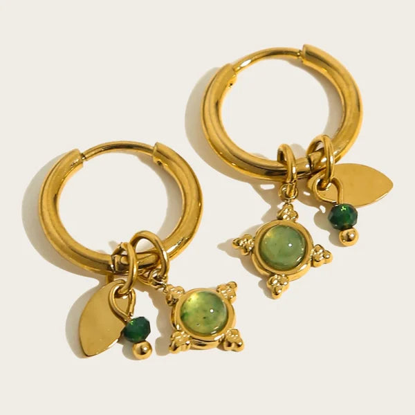 Boucles d’oreilles Breloques Feuille et Pierre Verte