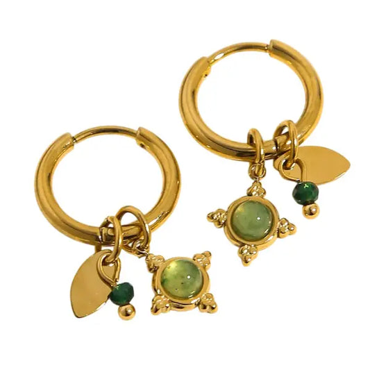 Boucles d’oreilles Breloques Feuille et Pierre Verte
