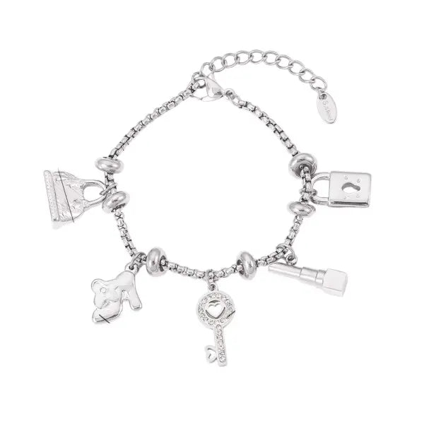 Bracelet à breloques argenté Clé et Cadenas