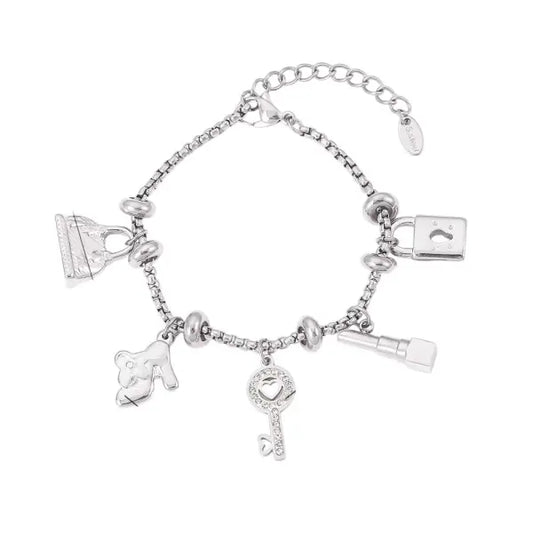 Bracelet à breloques argenté Clé et Cadenas