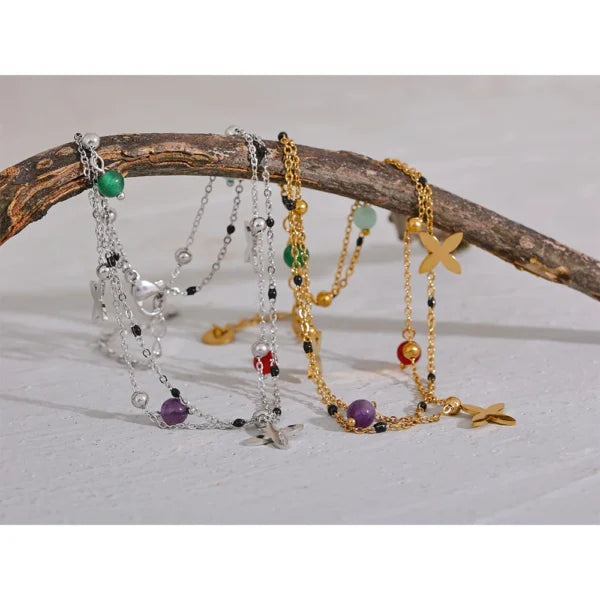 Bracelet Breloque Croix Argentées avec Pierres Naturelles