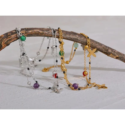 Bracelet Breloque Croix Argentées avec Pierres Naturelles
