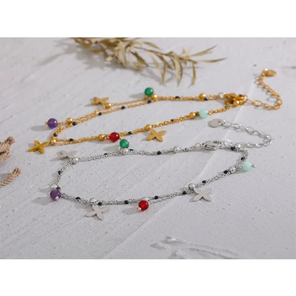 Bracelet Breloque Croix Argentées avec Pierres Naturelles