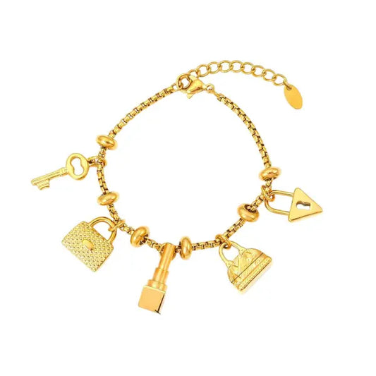 Bracelet à breloques doré Clé et Cadenas