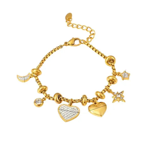 Bracelet à Breloques doré Coeurs Brillants