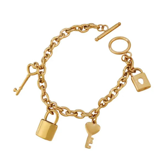 Bracelet à Breloques Cadenas Doré et Clé