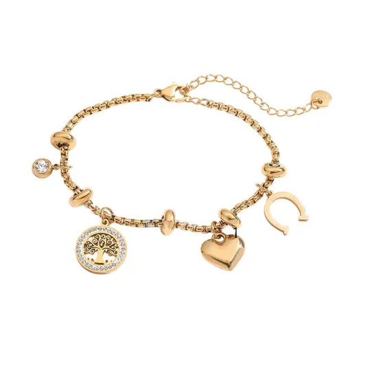 Bracelet à breloques Arbre de Vie et Cœur Doré