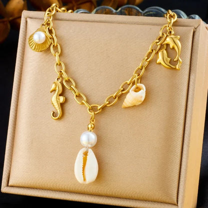 Collier Breloques avec Coquillage Blanc et Doré