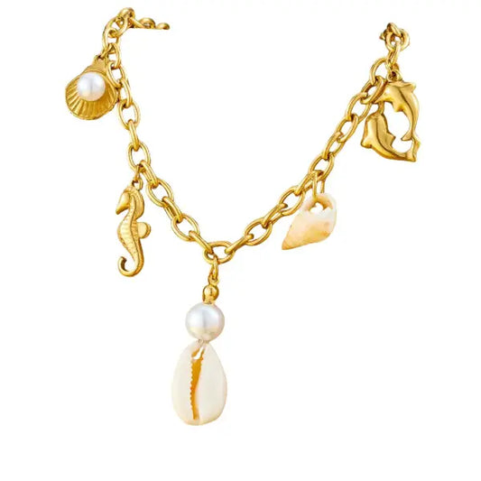 Collier Breloques avec Coquillage Blanc et Doré