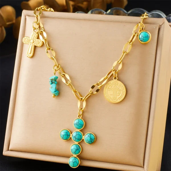 Collier Breloque avec Croix Turquoise Élégante