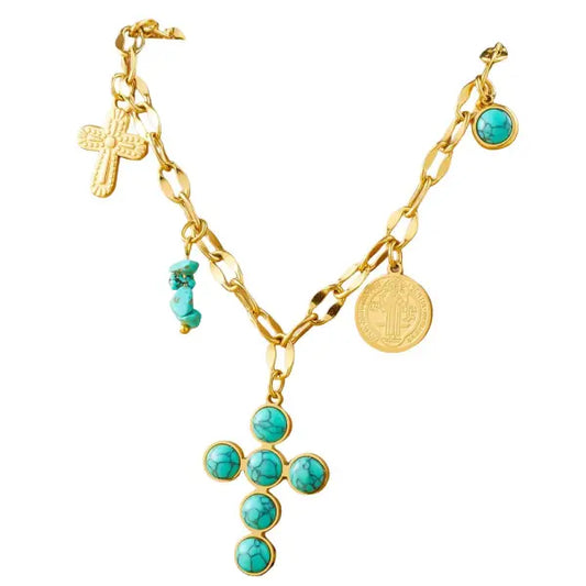 Collier Breloque avec Croix Turquoise Élégante