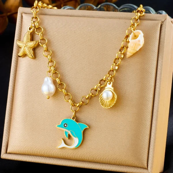Collier Breloque avec Dauphin Bleu Doré