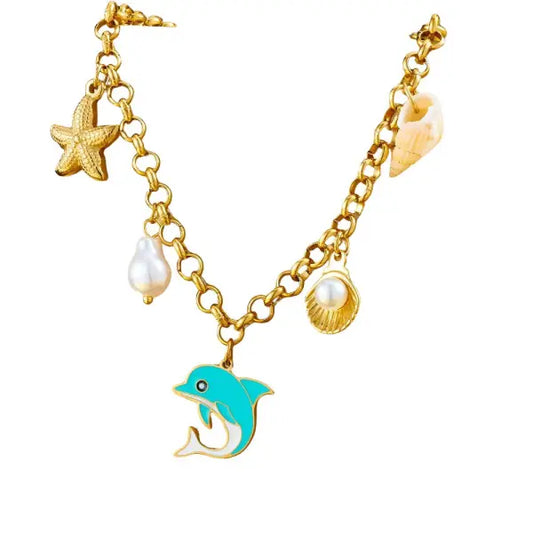 Collier Breloque avec Dauphin Bleu Doré