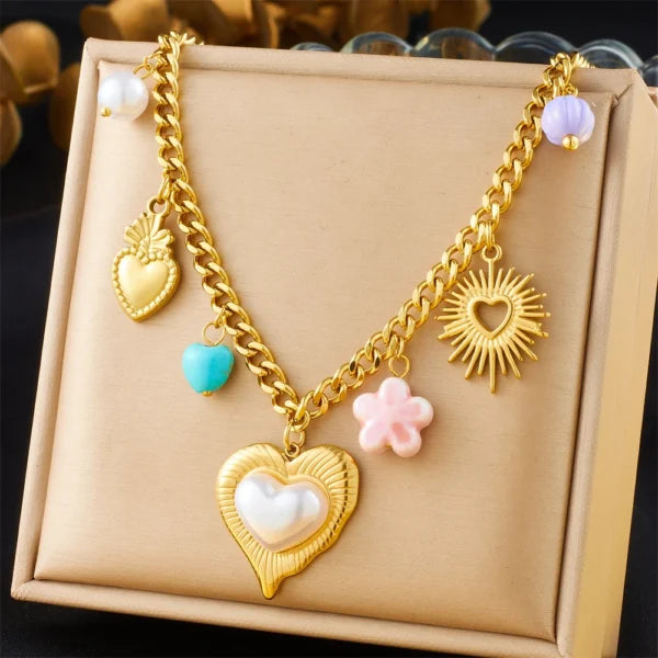 Collier Breloque Cœur Doré et Perle
