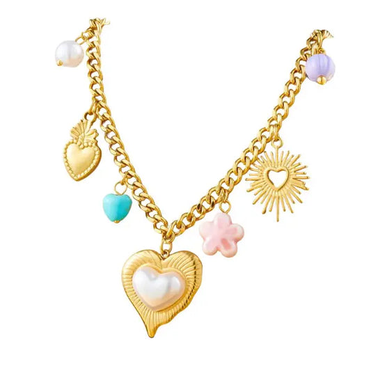 Collier Breloque Cœur Doré et Perle