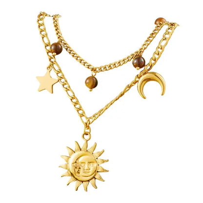 Collier Breloques avec Soleil, Lune et Étoile Doré