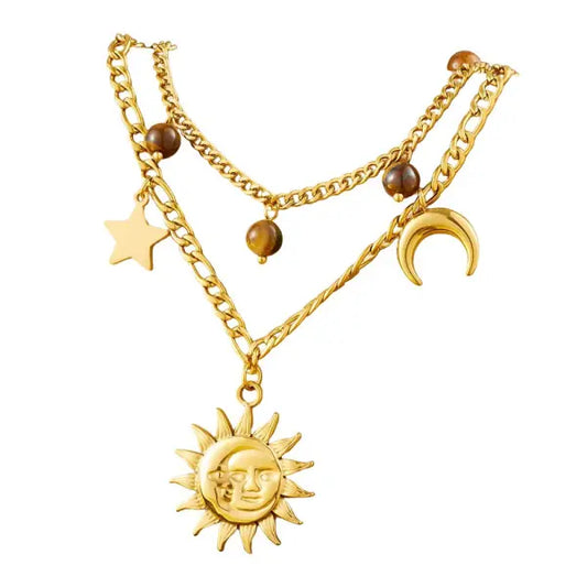 Collier Breloques avec Soleil, Lune et Étoile Doré