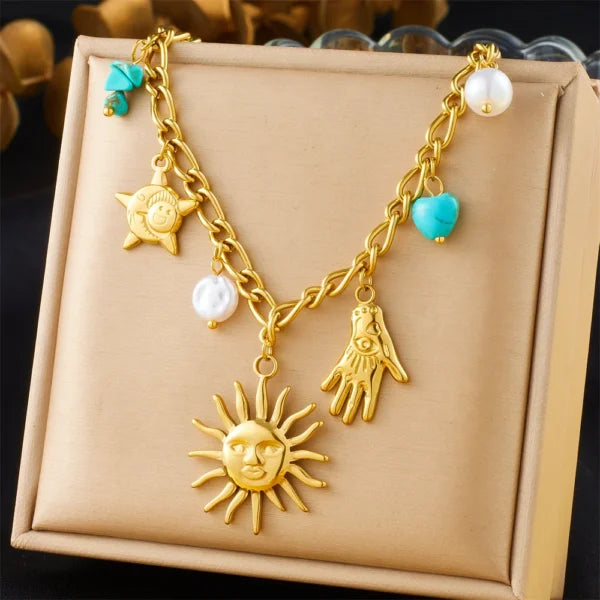Collier à breloques Doré avec Soleil Souriant