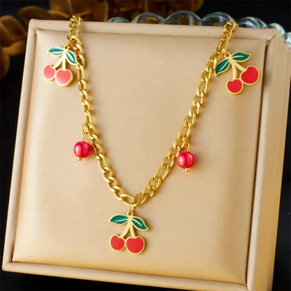 Collier Breloque Doré te Orné de Cerises