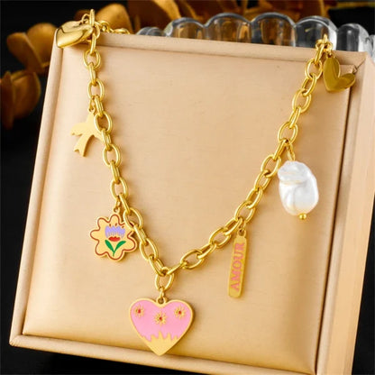 Collier Breloque Doré avec Cœur Rose