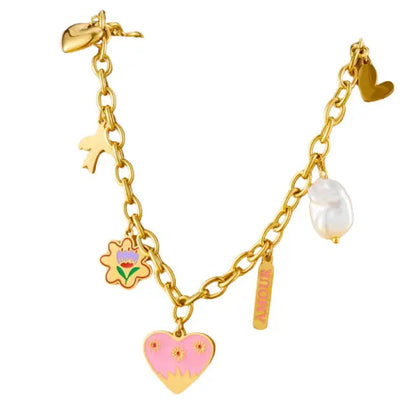 Collier Breloque Doré avec Cœur Rose