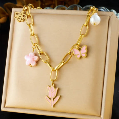 Collier Breloque Or Floral et Fleur Rose