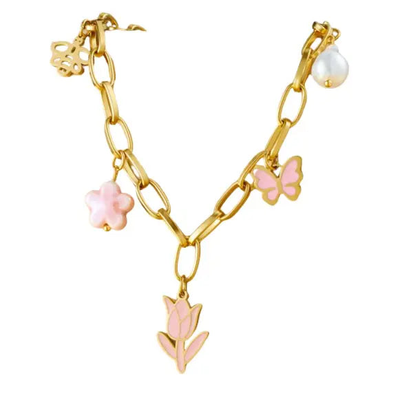 Collier Breloque Or Floral et Fleur Rose