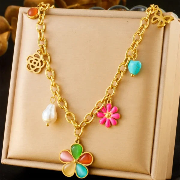 Collier Breloque Fleurs Multicolores